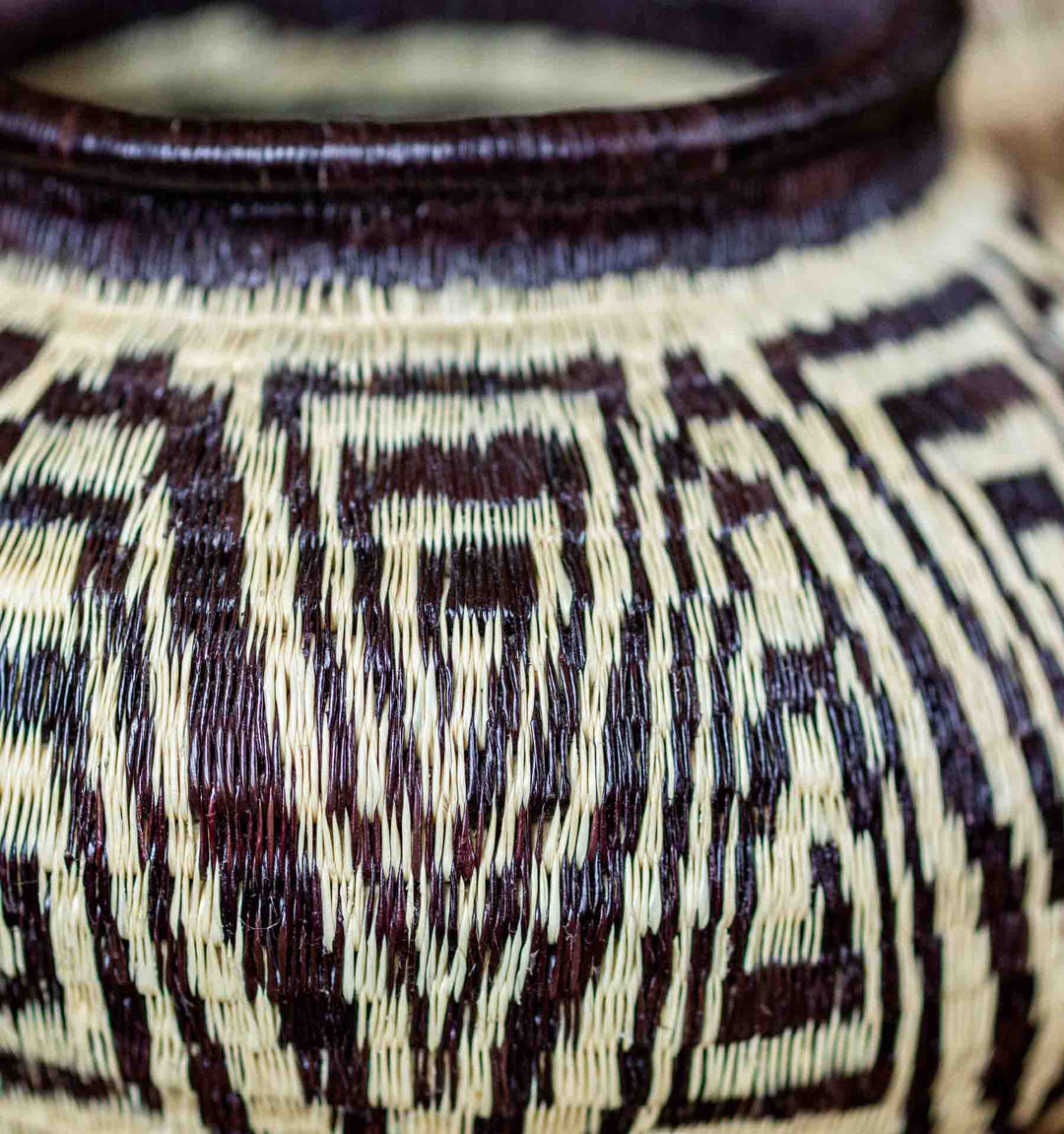 Detail view of handwoven Panamanian Wounaan basket with bold geometric design in natural palm fiber.