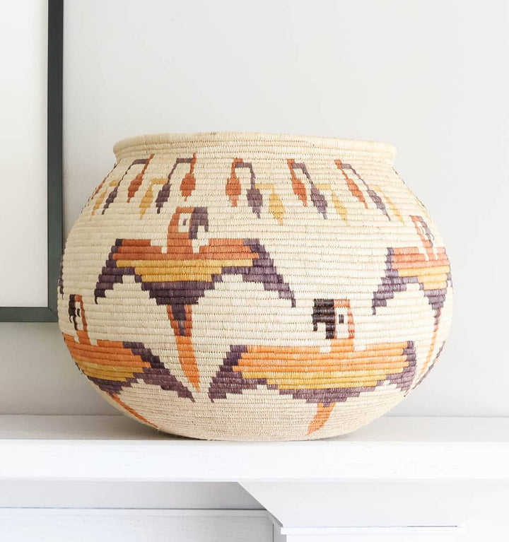 Vintage Macaws And Berries – birds motif – woven basket – baskets – handwoven in Panama