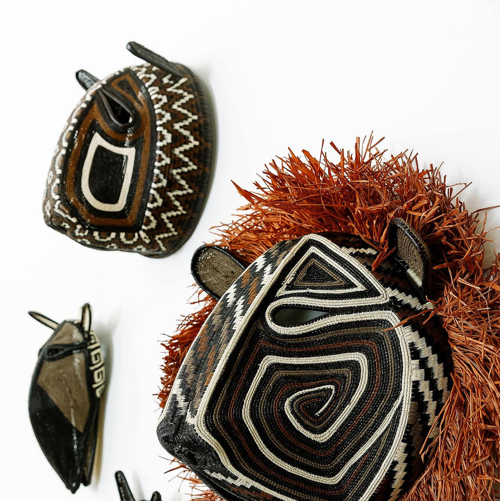 Oversized handwoven tribal mask wall art, statement piece by indigenous artisan